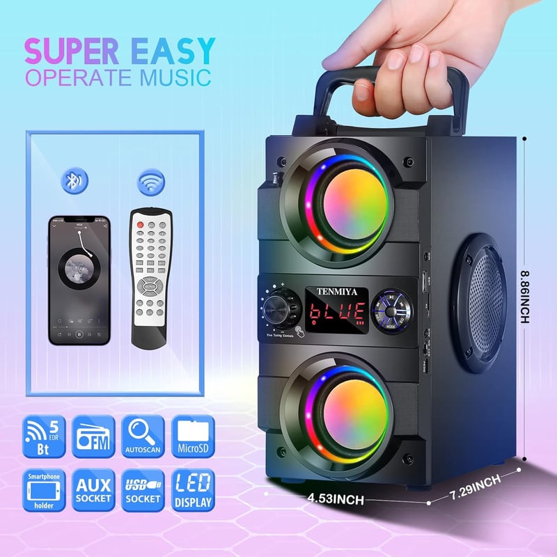 TENMIYA A23 Bluetooth Hangszóró 40W Dupla Mélynyomóval - Hordozható Vezeték Nélküli Hangfal Fényeffektekkel, 10 Órás Üzemidő, FM Rádió