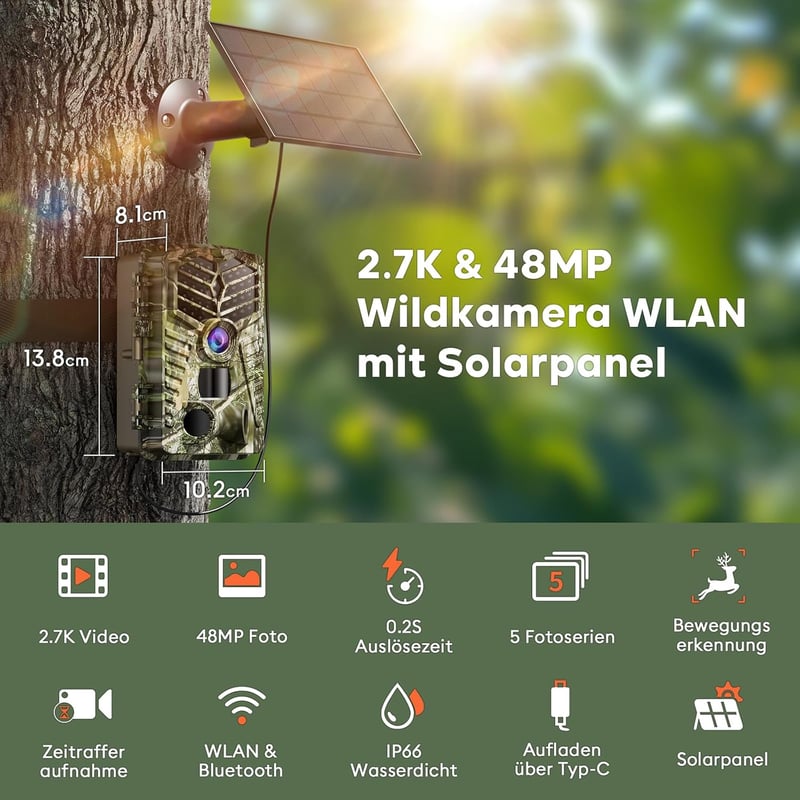 Solareye Vadkamera 2,7K 48MP WiFi Applikációval - Napelemes Vadmegfigyelő Kamera Mozgásérzékelővel, Éjjellátóval, 5000mAh Akkumulátorral, 12
