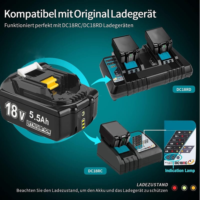 Bonadget 18V 5500mAh Akkumulátor Makita Szerszámgépekhez - 2db LED Kijelzős Csereakku BL1860B BL1850B BL1840 BL1830 Kompatibilis Modellekhez