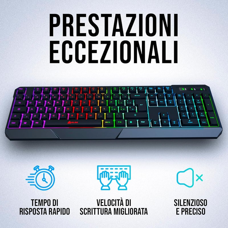 KLIM Chroma Vezeték Nélküli Gamer Billentyűzet - RGB Háttérvilágítás, Vízálló, Olasz Kiosztás, 10 Millió Leütés Élettartam, PC Kompatibilis