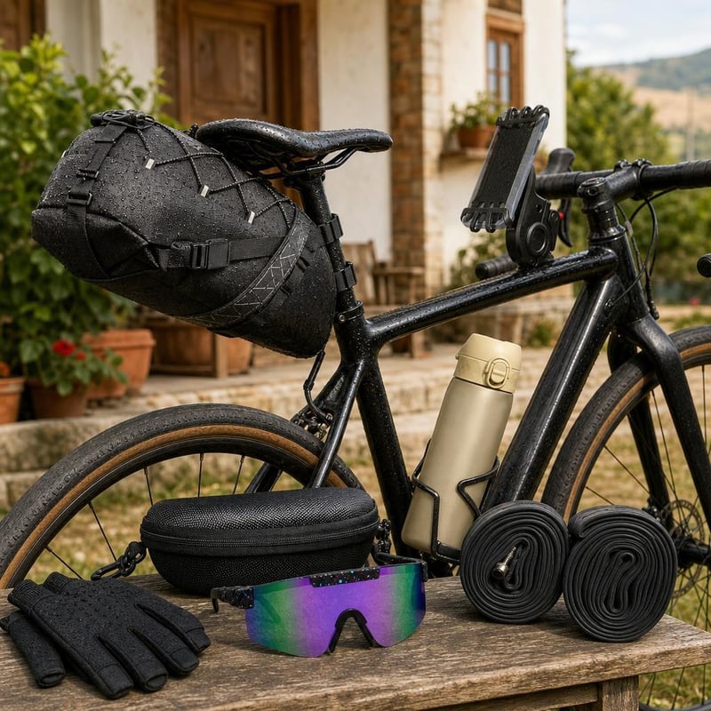 Set za biciklizam: 11L torba + 500ml boca + držač mobitela + 2 zračnice + UV400 naočale + L rukavice
