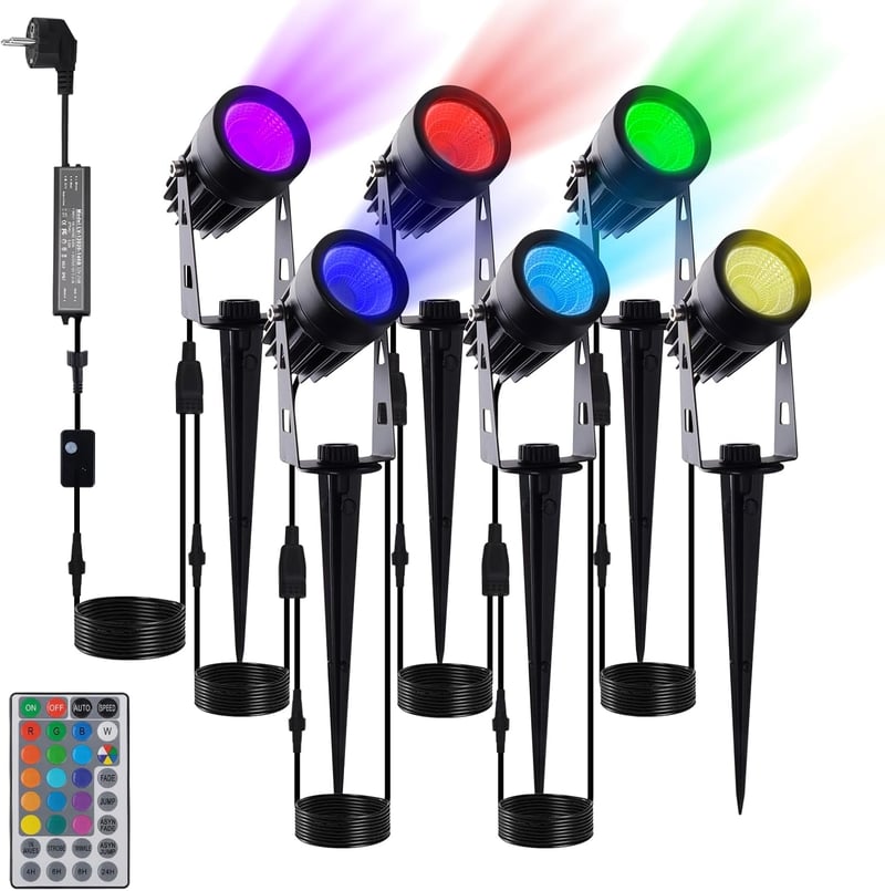 beek RGB Kerti Lámpa Szett 6db - Távirányítós LED Spotlámpa Földbe Szúrható Tüskével, IP65 Vízálló Kültéri Világítás Kerthez, Fákhoz, Partik