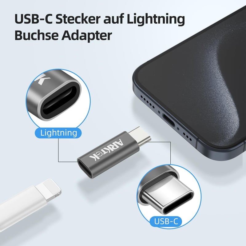 ARKTEK Lightning-USB C adapter iPhone 15, Galaxy S23, Pixel 8 töltéséhez (2db, szürke)