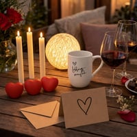 Romantický darčekový set: porcelánový hrnček + 2x LED sviečka + 3x srdiečková dekorácia + blahoželanie 1