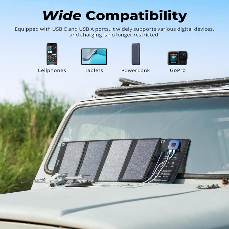 BigBlue 28W Hordozható Napelemes Töltő 2 USB Porttal, Digitális Árammérővel, IPX4 Vízálló, Cipzáras Védelemmel - iPhone, Android, GoPro Kész