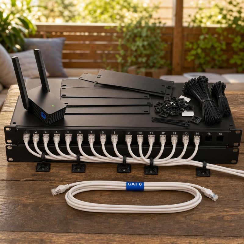 Rack mrežni set: 1x CAT6 kabel + 1x 16-portni patch panel + 6x slijepa ploča + 300x vezice + WiFi 6
