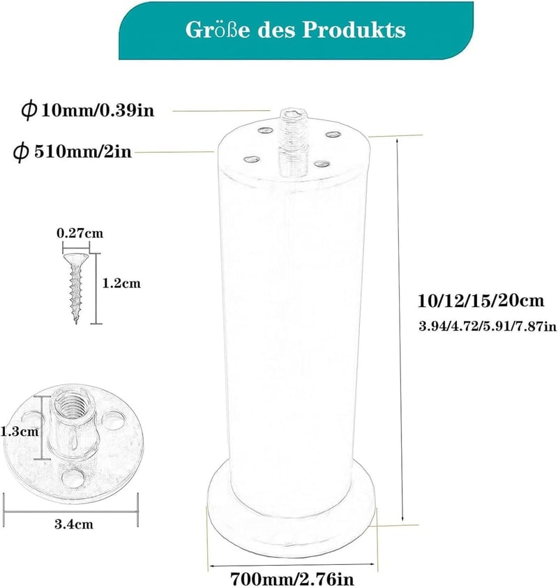 Állítható magasságú rozsdamentes acél bútorláb szett (4db) - 12cm, M10, 803kg teherbírás