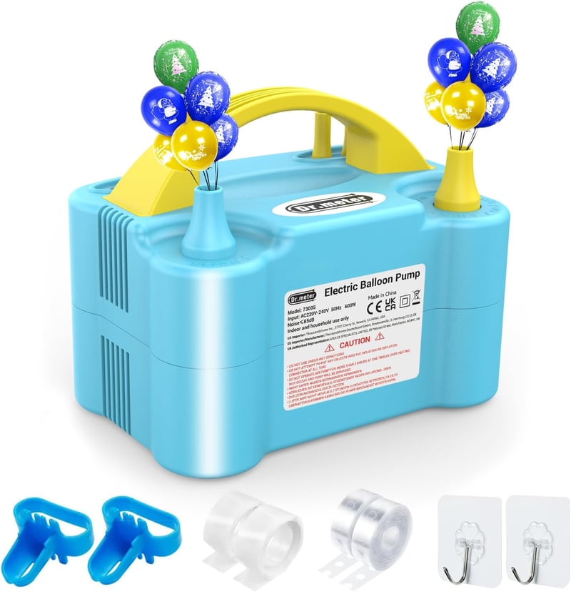 Dr.meter 600W Elektromos Léggömbpumpa Dupla Fúvókával - Kék, Hordozható Lufi Felfújó Partikhoz
