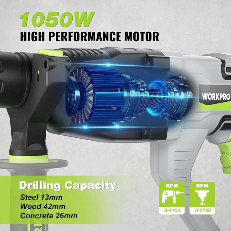 WORKPRO SDS-Plus 1050W Fúrókalapács 3 Joule, Állítható Sebesség, 360° Forgatható Fogantyú, Betonhoz 26mm, Tartozékokkal és Hordtáskával