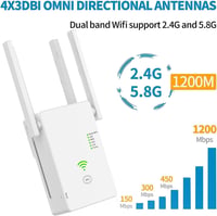 Aenxwa WiFi Jelerősítő 1200 Mbit/s Dual Band 2.4GHz + 5GHz - 4 Antennás Vezeték Nélküli Hálózati Repeater Router Üzemmóddal és LAN Porttal 2
