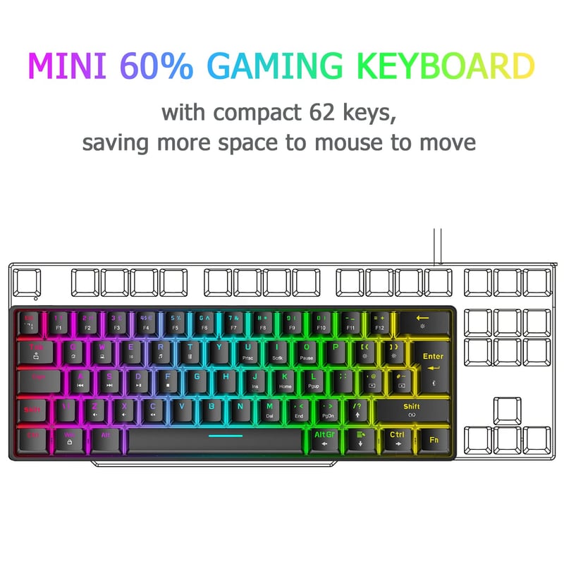 Kompakt 60% RGB Gamer Billentyűzet, Kék Kapcsolós, 62 Gombos, USB-C, Kék