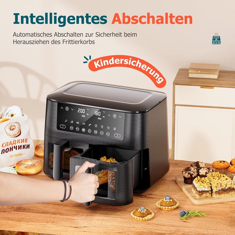 Cookwise 9L Dupla Fiókos Forrólevegős Sütő - 9-in-1 Főzési Mód, Betekintő Ablak, Érintőképernyő, Olajmentes Egészséges Sütés, Időzítő, 2570W