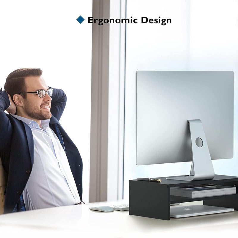 BONTEC Fa Monitorállvány 2 Szintes Kábelrendezővel, Fekete - PC, iMac Kompatibilis