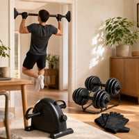 Edzőzóna felépítő: súlyzótartó állvány + fitneszkesztyű + ajtókeretes húzódzkodórúd + mini edzőkerékpár 1