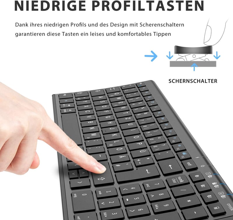iClever BK10 Bluetooth Billentyűzet, Újratölthető Vezeték Nélküli Billentyűzet 3 Bluetooth Csatornával, Ultravékony Ergonomikus Kialakítás i - black