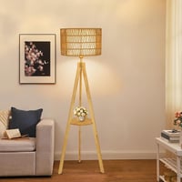 Rayofly Fa Állólámpa Polccal - Vintage Rattan és Lenvászon Lámpaernyővel, Tripod Állvánnyal, Bohém Stílusú Világítás Nappaliba, Hálószobába, 8
