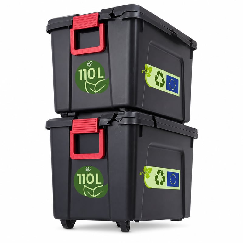 Cutie de depozitare IRIS Ohyama SIA-110, 110 L, 2 bucăți, negru, cu roți — defectă, funcțională parțial: roată lipsă, capace crăpate (stare: vezi imaginea 2)