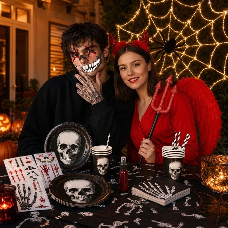 Halloween party set: 12x tetovaža + kostim vraga + umjetna krv + 80 LED mreža + 97-dijelni set posuđa