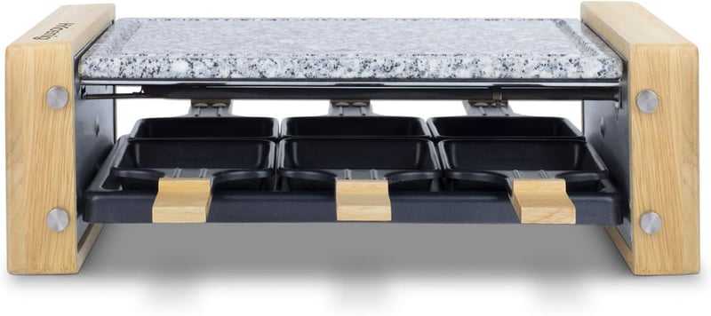 H.Koenig WOD6 raclette grillsütő 6 személyre, kőlapos, 900W, fa-inox kivitel
