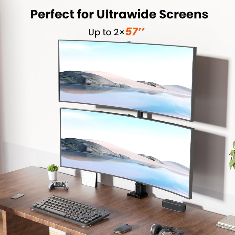Pro Monitor tartó 2 monitorhoz egymás felett, 24-57 hüvelykes lapos és ívelt képernyőkhöz, 2-27 kg teherbírás karonként, állítható magasság, VES