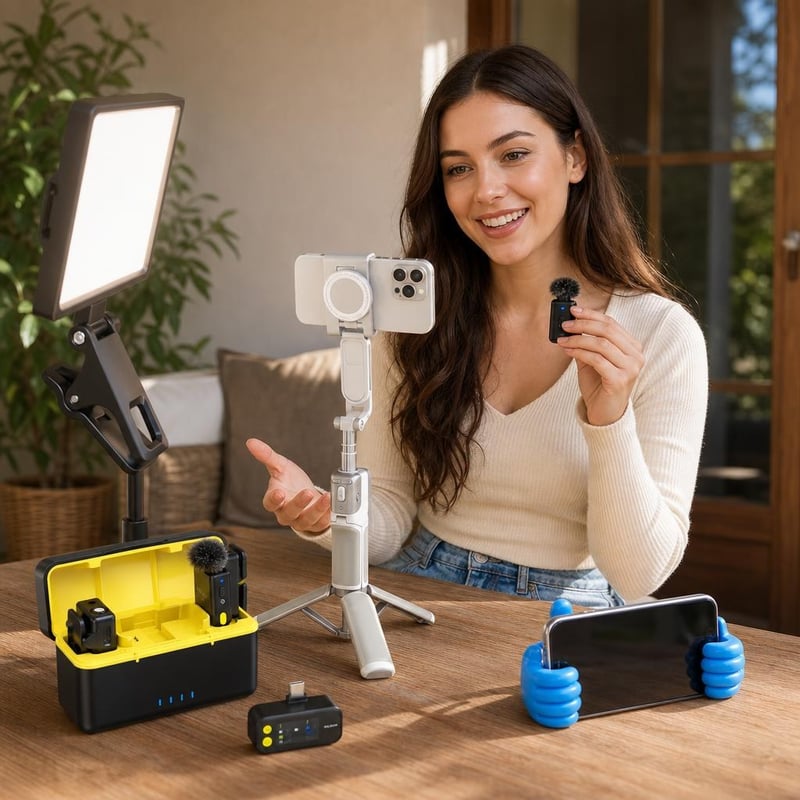 Kreatív video set: držiak na mobil + selfie tyč so statívom + USB kruhové svetlo + bezdrôtový mikrofón
