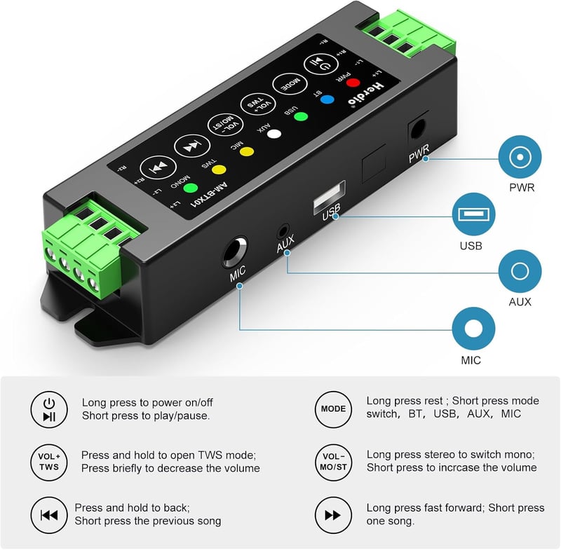Herdio 4 Csatornás Bluetooth 5.0 Erősítő 200W Teljesítménnyel - Fali Hangrendszer USB/MIC/AUX/TWS Csatlakozással Otthoni és Mennyezeti Hangs