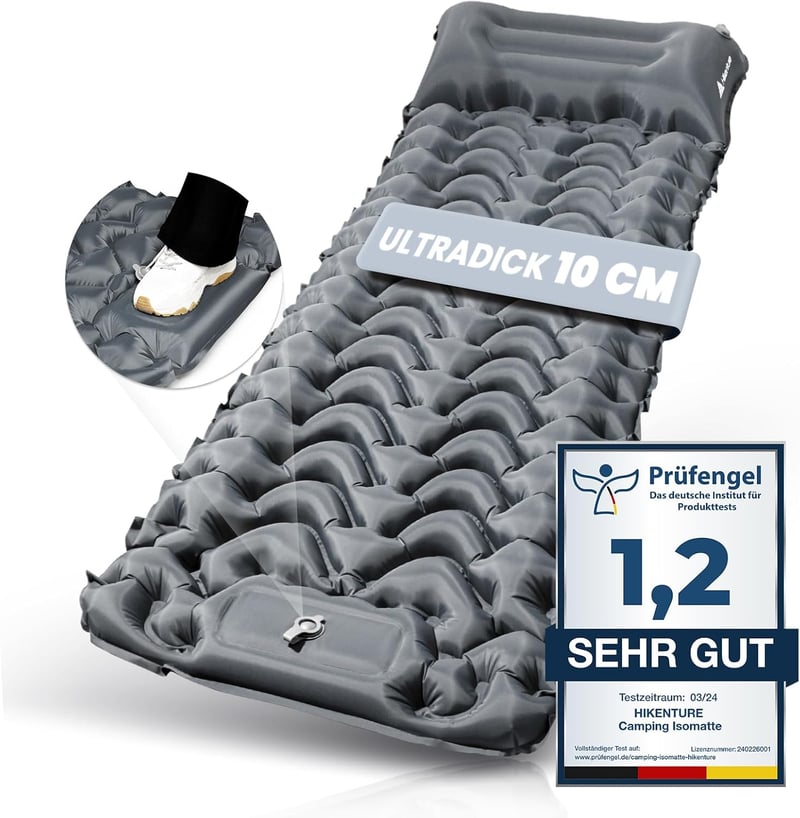 HIKENTURE Önfelfújó Kempingmatrac 10 cm Vastag, Beépített Lábpumpával, Csúszásgátló Felülettel, Kompakt Méretű Túramatrac Kültéri Alváshoz, 