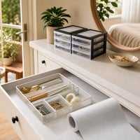 Set Organizare Sertare: folie autoadezivă lemn alb + organizator cu separatoare + 2 turnuri cu 4 sertare 1
