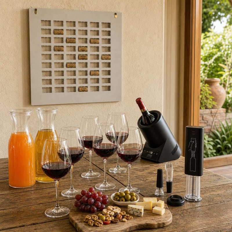 Vinski set za uživanje: el. otvarač + 6x čaša 480ml + 2x vrč 1l + hladnjak za bocu + okvir za 54 čepa