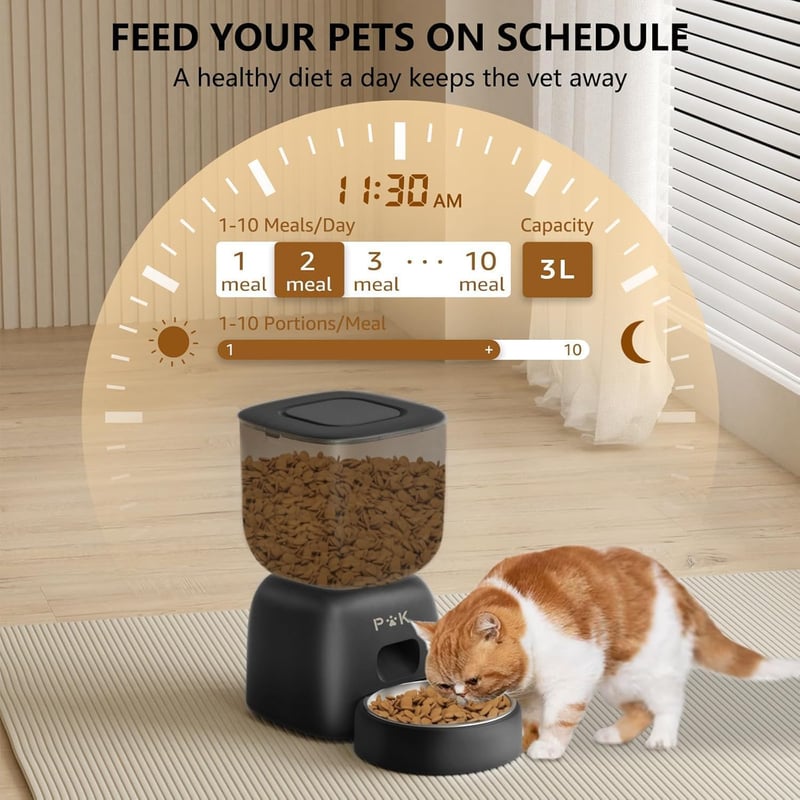 PUPPY KITTY Automata Macska Etető WiFi Applikációval, Rozsdamentes Acél Tállal, 10 Étkezés Naponta, Hangrögzítés, Dupla Tápellátás, 3L Kapac - Black