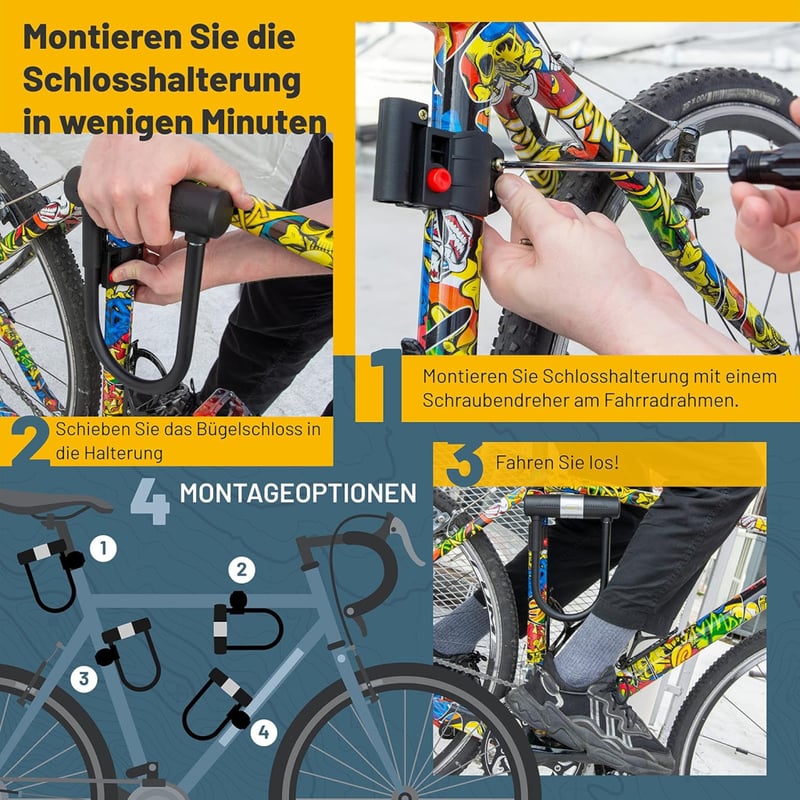 SIGTUNA U-lakat kerékpárhoz - 16mm edzett acél biciklizár tartóval, országúti, mountain bike, e-bike és összecsukható kerékpárokhoz, sárga