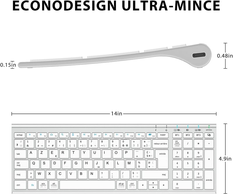 iClever BK10 Bluetooth Billentyűzet - Újratölthető, 3 Eszköz Csatlakoztatás, AZERTY, Ultravékony, Fehér, Mac/iPad/iPhone/PC Kompatibilis
