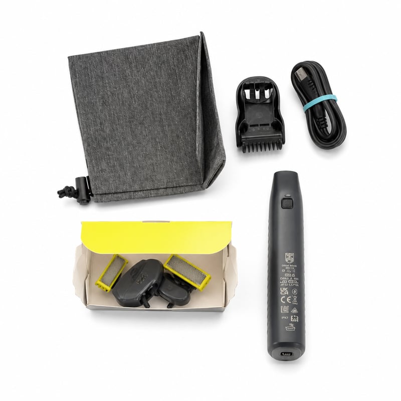 Používaný elektrický holiaci strojček a zastrihávač Philips OneBlade Pro 360 Face & Body QP6552/30, 2 čepele 360, presný hrebeň, 2 nadstavce na telo, cestovné puzdro