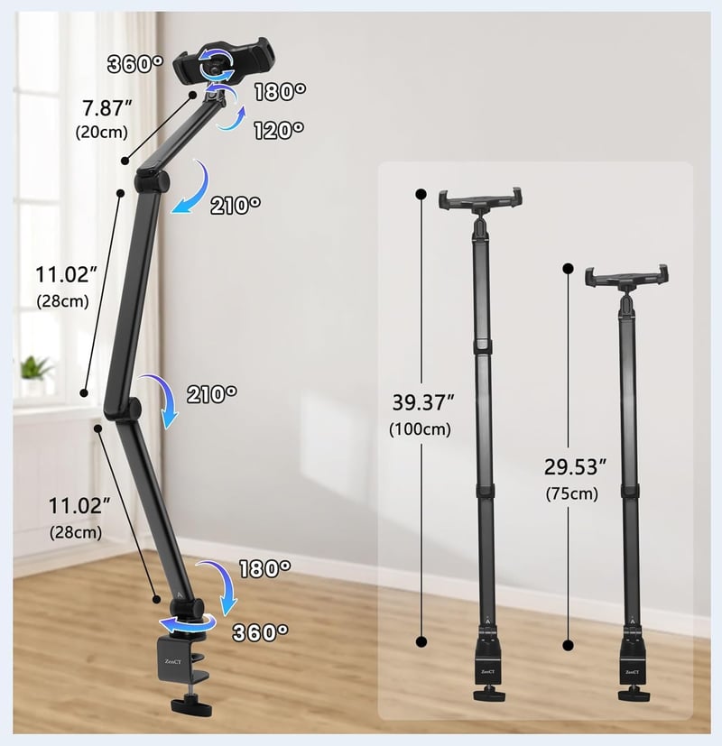 ZenCT 3 Karos Tablet Állvány - 100 cm Hosszú Fém Tartó, Asztali Rögzítés, 4.7-12.9" Készülékekhez, iPad Pro, Air, Mini, Samsung Galaxy Tab K