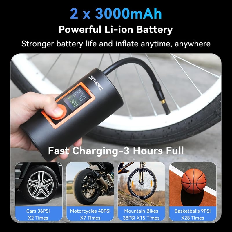 ZETHORS 150 PSI elektromos kerékpárpumpa, LED-es, 6000mAh-s akkumulátorral, autókhoz, biciklikhez