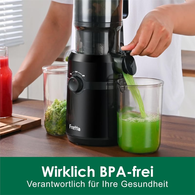 Fretta Slow Juicer 200W - Fekete gyümölcsprés 108mm-es adagolónyílással, egész gyümölcsökhöz, BPA-mentes Tritan anyagból, könnyen tisztíthat