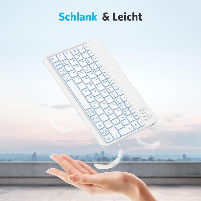 Emetok Bluetooth Billentyűzet iPad/iPhone/Android Készülékekhez - 7 Színű Háttérvilágítás, Újratölthető, Ultravékony, Vezeték Nélküli, Fehér