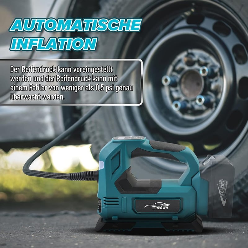 MaxAwe Akkumulátoros Kompresszor Makita 18V kompatibilis - Vezeték Nélküli Pumpa Autókhoz, Motorokhoz, Biciklikhez