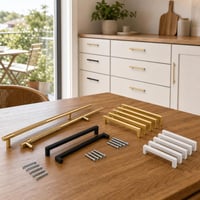 Set ručkica za namještaj: 2x zlatne 256mm + 6x zlatne 160mm + 8x bijele 120mm + 4x skrivene + čelična 1