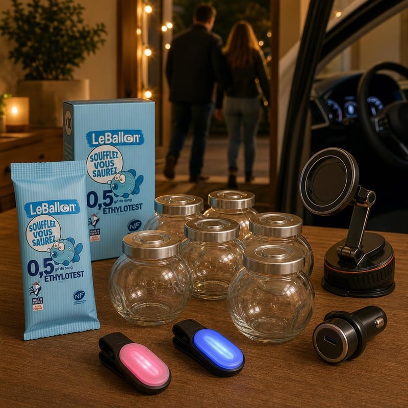 Balíček Bezpečný návrat: alkoholtester + 6x dóza + držiak na mobil + nabíjačka + 2x LED svetlo