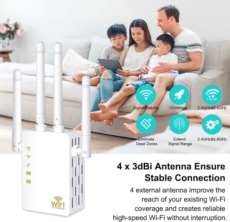 Aigital AC1200 WiFi Jelerősítő Repeater Dual Band 2.4GHz & 5GHz - 200m² Lefedettség, 4x3dBi Antenna, WPS, Ethernet LAN, 45+ Eszköz