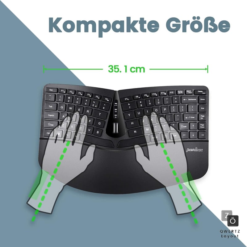 Perixx Periduo-606 Ergonomikus Vezeték Nélküli Billentyűzet QWERTZ és Vertikális Egér Szett - Osztott Billentyűzet, 4-Irányú Görgő, Állítható Csukl