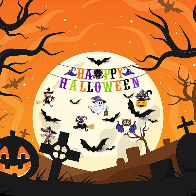 Halloween Dekor Szett: Szellemek, Denevérek, Töklámpás Zászlóval