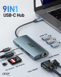 Acer 9-in-1 USB-C Hub Dokkoló, 4K HDMI, VGA, 3xUSB 3.0, Gigabit Ethernet, 100W PD, SD/TF Kártyaolvasó, Alumínium Adapter iPhone/MacBook/iPad 2