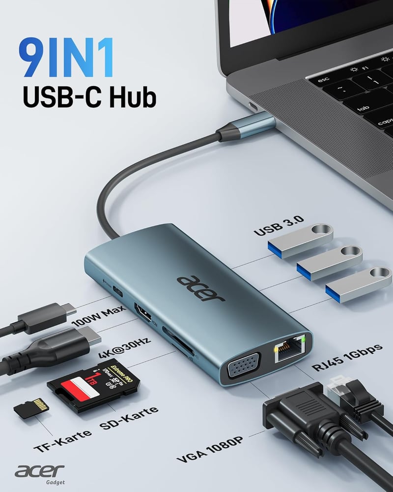 Acer 9-in-1 USB-C Hub Dokkoló, 4K HDMI, VGA, 3xUSB 3.0, Gigabit Ethernet, 100W PD, SD/TF Kártyaolvasó, Alumínium Adapter iPhone/MacBook/iPad
