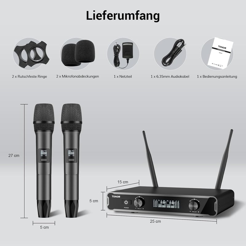 TONOR TW450 Vezeték Nélküli Mikrofon Szett - Duál Karaoke Mikrofon 60m Hatótávval, 5 Csatornával, Vevőegységgel Esküvőre, Előadásokhoz, Szür - Grey and grey