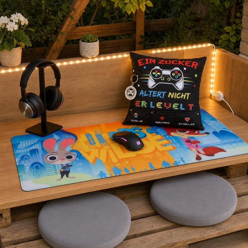 Gamer set: XXL podložka + stojan na slúchadlá + 5m LED pás + 2x vankúš + obliečka s vreckami