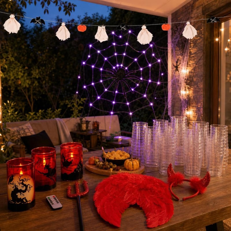 Halloween párty balík: 3x LED sviečka + 80 LED pavučina + girlanda + čertovský set + 40x pohár
