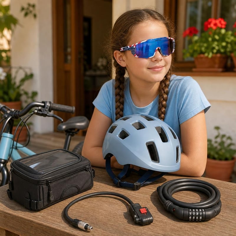 Cyklistický set: 1x okuliare UV400 + 1x prilba s LED + 1x taška + 1x hadica na pumpu + 1x zámok