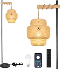 Bambusz Állólámpa Távirányítóval - Dimmelhető Ívelt Fa Lámpa App Vezérléssel, Rattan Burával, Nappali, Hálószoba, Iroda Dekorációho 1